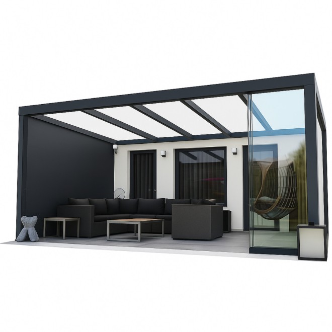 MB Line Aluminium Veranda Zwart met Glazen dak, Vaste Zijwanden &amp; Schuifwanden